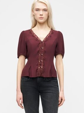 GAP Lace-Trim V-Neck Blouse in Deep Wine